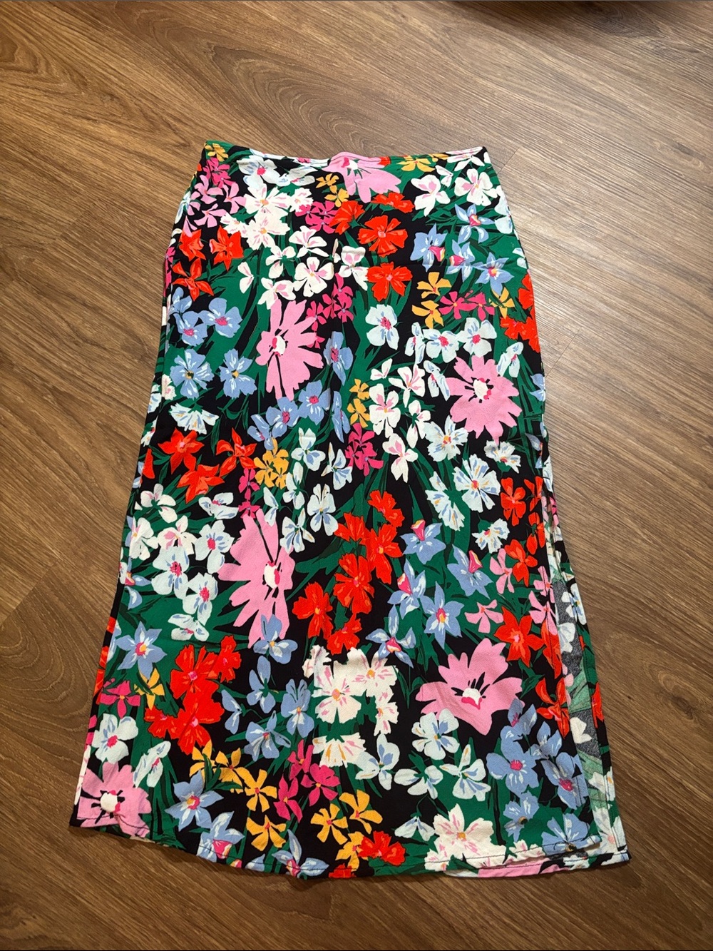 Old Navy Black Floral Midi Skirt with Pink, Red & Green Accents